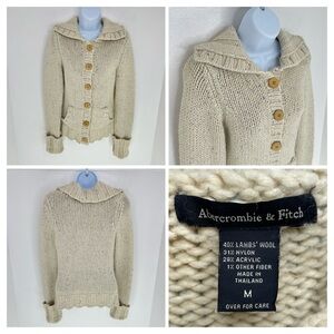 Vintage Abercrombie & Fitch Chunky Knit Cardigan Sweater Size Medium Cream Y2K